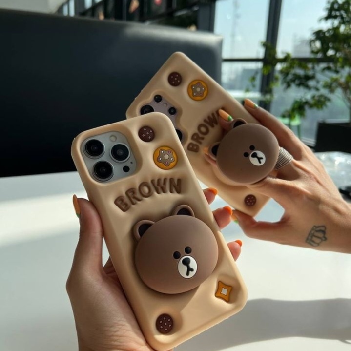 قاب سیلیکونی برجسته هولدردار-قاب گوشی خرس قهوه ای
