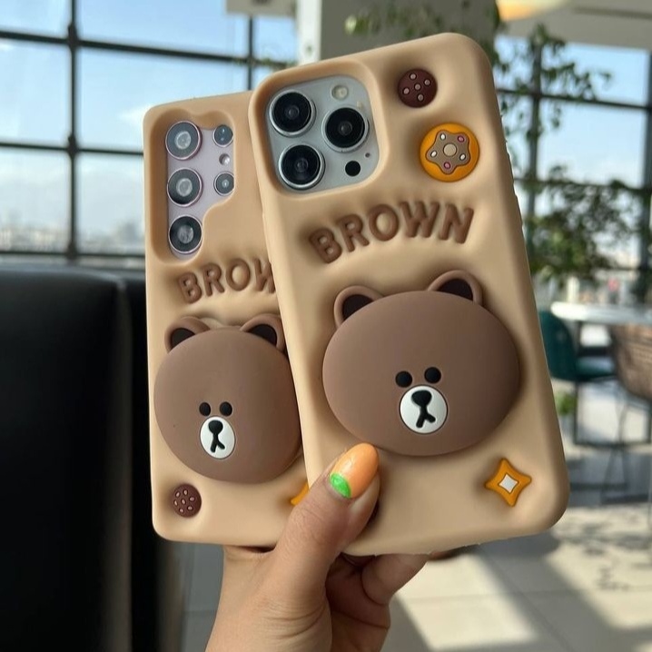 قاب سیلیکونی برجسته هولدردار-قاب گوشی خرس قهوه ای