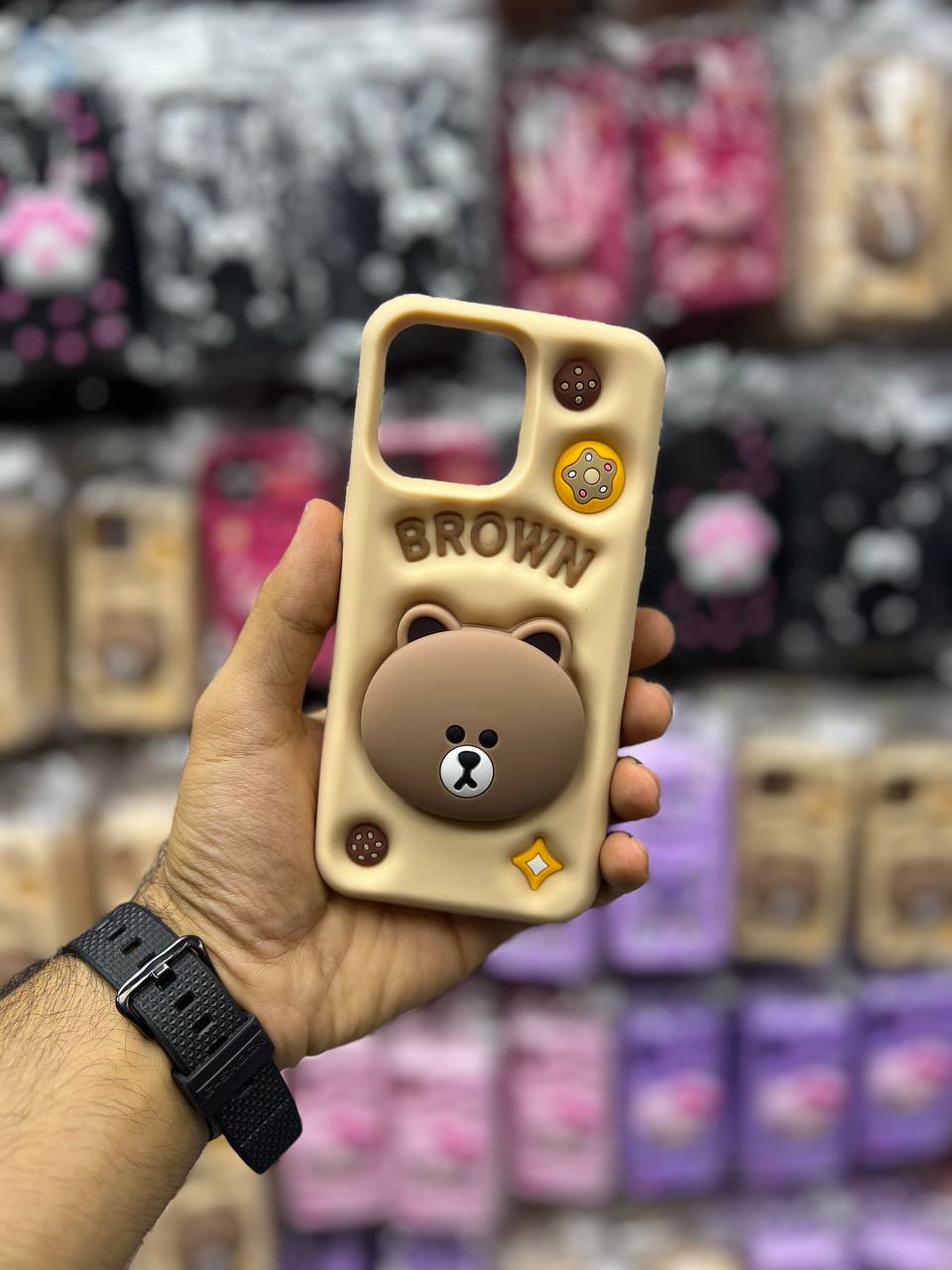 قاب سیلیکونی برجسته هولدردار-قاب گوشی خرس قهوه ای