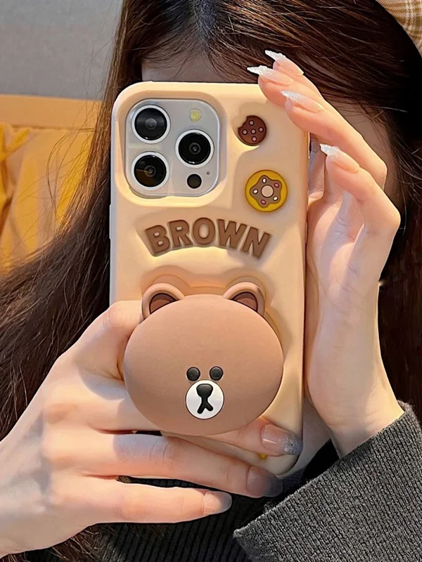قاب سیلیکونی برجسته هولدردار-قاب گوشی خرس قهوه ای